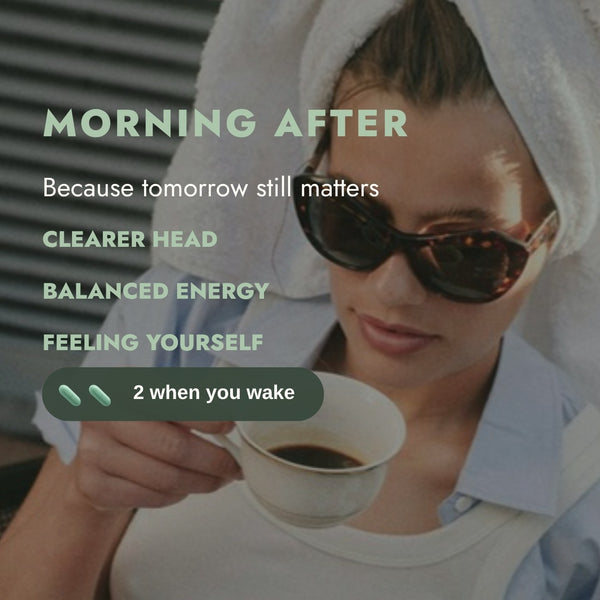 Morning after: 2 green Feeling Wonky capsules, woman enjoying a coffee