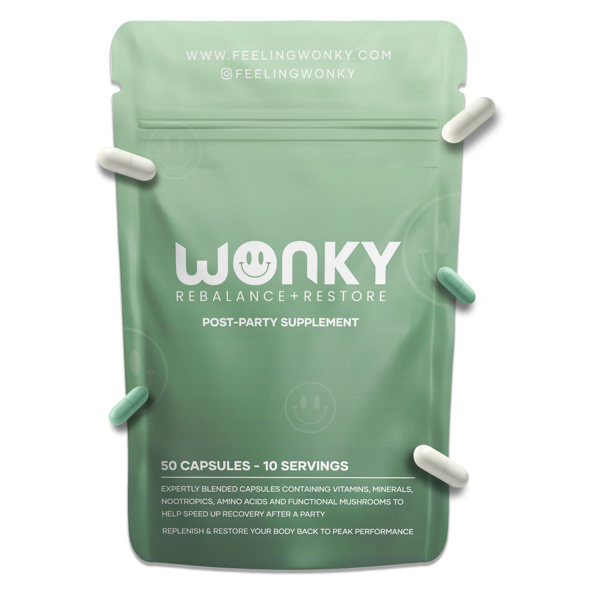 Green packaging of Feeling Wonky Rebalance + Restore supplement on a white background